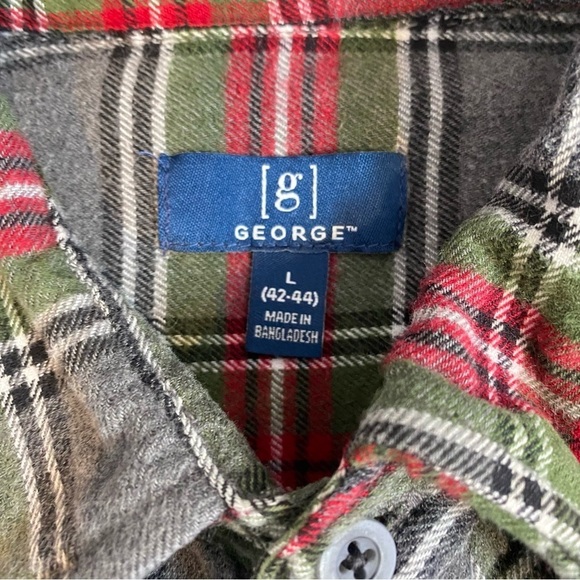 GEORGE Men's Size Large Red Gray Green Plaid flannel button up long sleeve shirt - Picture 5 of 5